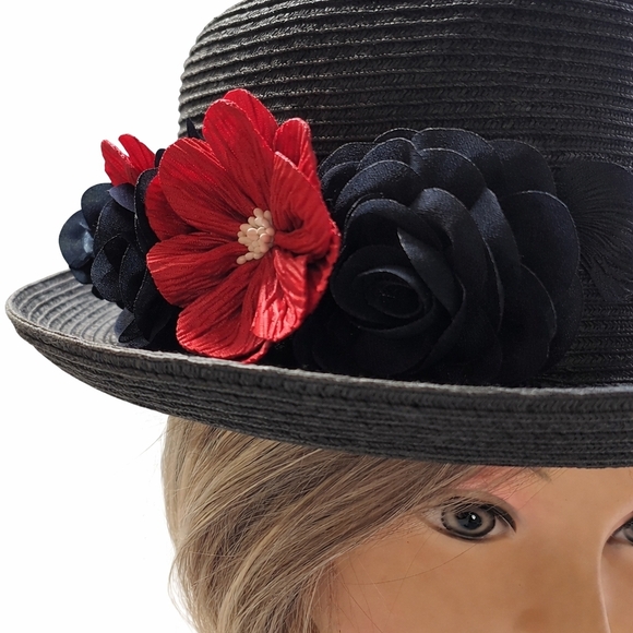NINE WEST Black Hat with Red and Black Floral Detail.  EUC. - Picture 2 of 3